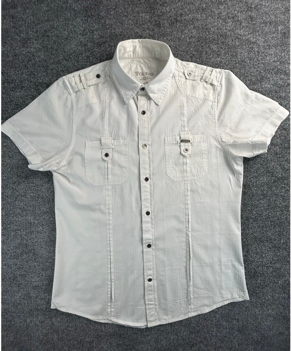 Y2K Guess Men's White Military Button Up Shirt Medium Short Sleeve